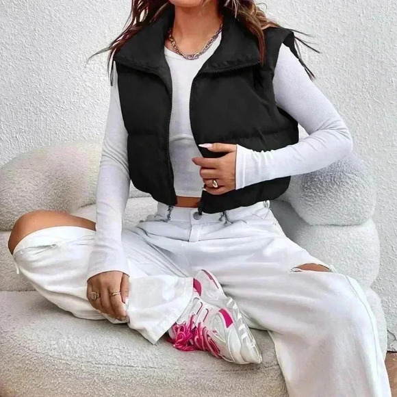 Black Casual Women's Zipper Front Vest Padded Coat - Picture 5 of 5